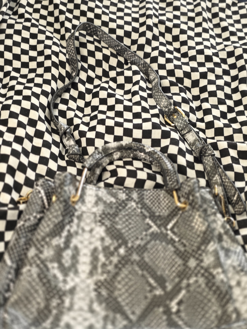 Gray Snake-Print Tote Bag with Gold Hardware